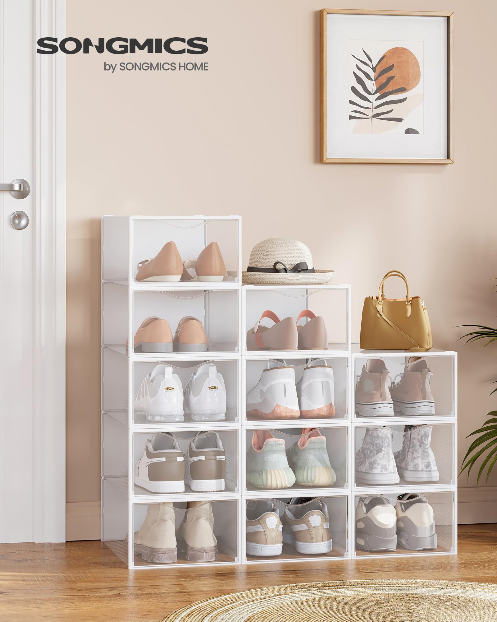 SONGMICS Shoe Boxes, Shoe Storage Organizers Rack for Closet, Plastic Stackable Sneaker Containers Case, 12 Pack, Transparent and Cloud White ULSP312W01
