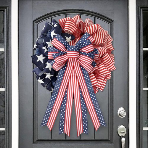 **SY Super Bang 2PCS 4th of July Decorations - Red, White & Blue Wreaths & Patriotic Bows for Indoor/Outdoor Use**