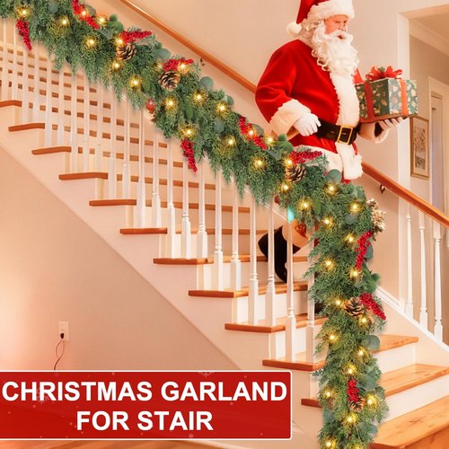 Extra Thick & Lush - Prelit Christmas Garland with 30 Lights Timer, 6Ft by 12 Inch Real Touch Cedar Garland with Berry Pinecone, Battery Operated Realistic Soft 130 Tips Xmas Garlands Indoor Outdoor