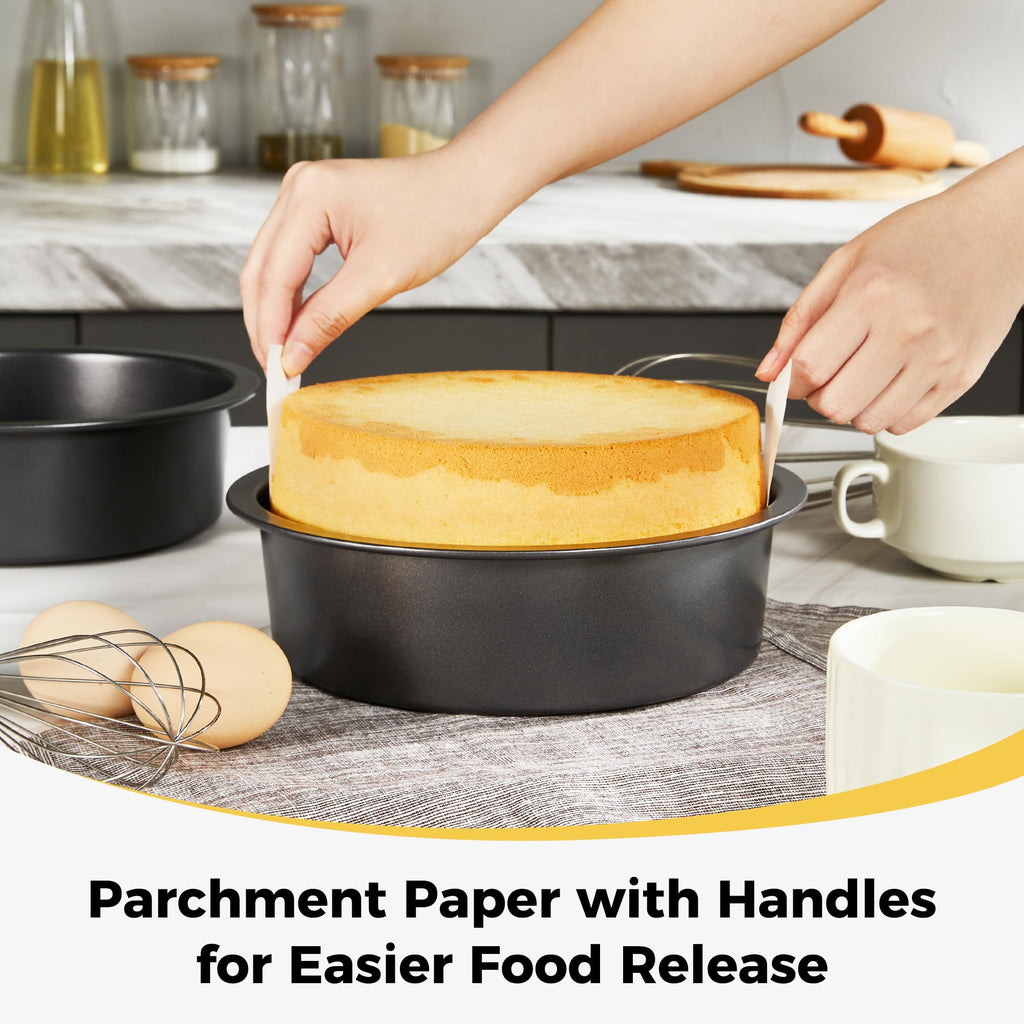 HONGBAKE 6 Inch Round Cake Pan Set for Baking with Healthy Parchment Paper, Nonstick Deeper Circle Cake Pans with Wider Grips, 3 Pieces Premium Layer Cake Tin, Cheesecake Mold, Huty Duty - Grey