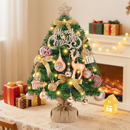 Livole 2 FT Small Christmas Tree, Mini Christmas Tree with Lights, Mini Tabletop Full Xmas Trees with 35 PCS Pink Ornaments, Merry Christmas, Xmas Tree for Table DIY Christmas Decor