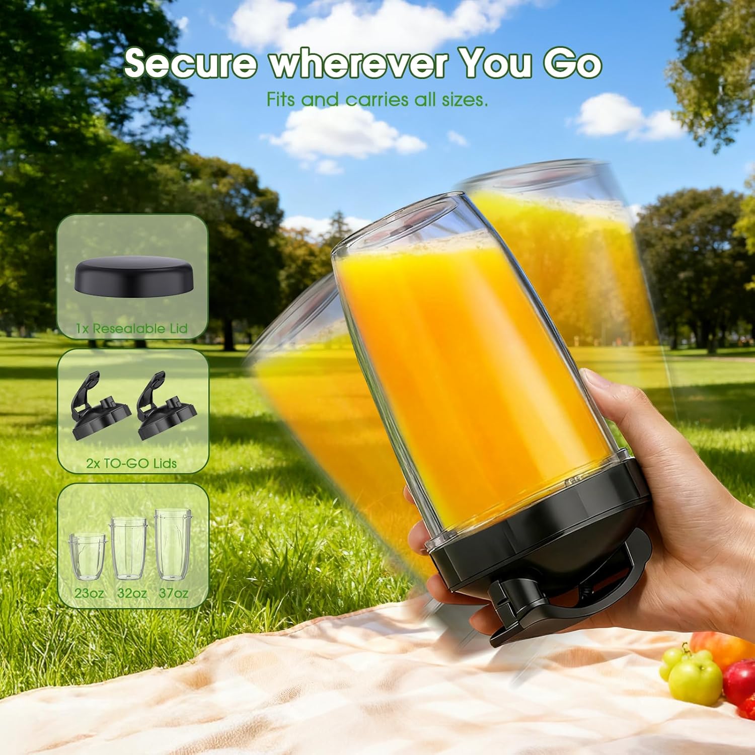 **Smoothie Blender | 25000 RPM Portable Countertop Blender with 37oz, 32oz, 23oz Cups & 3 Lids**