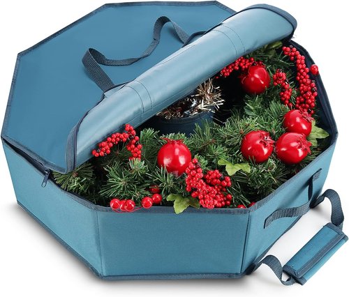 Hearth & Harbor Wreath Storage Container - Premium Hard Shell Organizer with Dual Zipper & Pockets - 24" Size