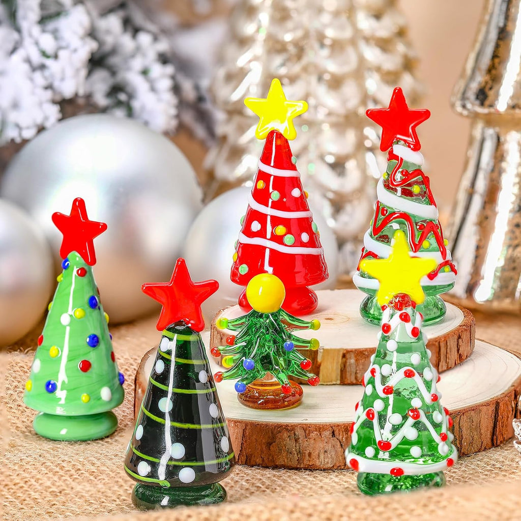 Skiennix Mini Christmas Tree Glass Ornaments Set - 6 Pcs Holiday Figurines for DIY Crafts | 2.36 Inch