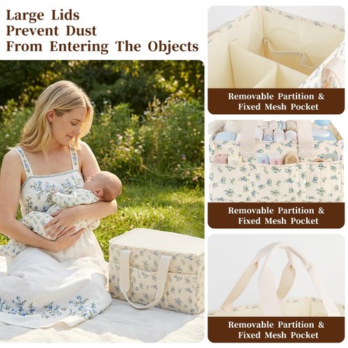 Lemoobolsa Baby Diaper Caddy Organizer with Portable Changing Mat-Portable Baby Organizers and Storage, Gift for Baby Shower, Baby Essentials Organizer with Removable Dividers (Blue Floral)