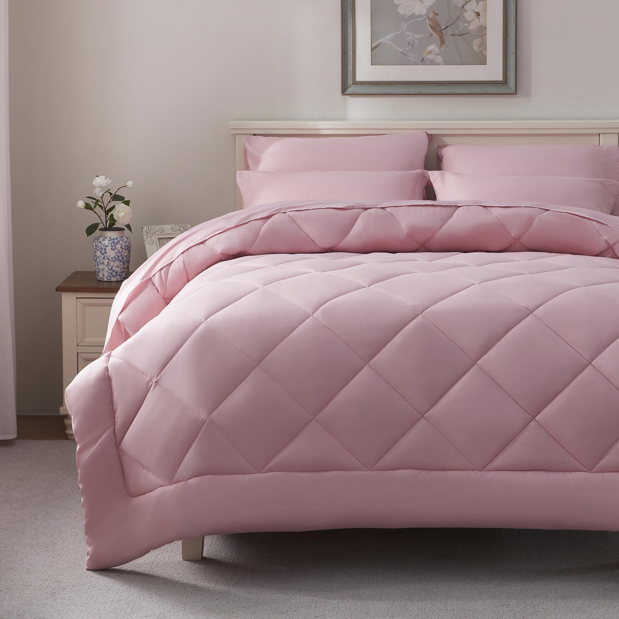 ELNIDO QUEEN® Queen Comforter Set - 7 Pieces Bed in a Bag Queen Size, Bed Set for All Seasons, Blush Pink Ultra Soft Bedding Sets with Comforter, Flat Sheet, Fitted Sheet, Pillowcases and Pillow Shams