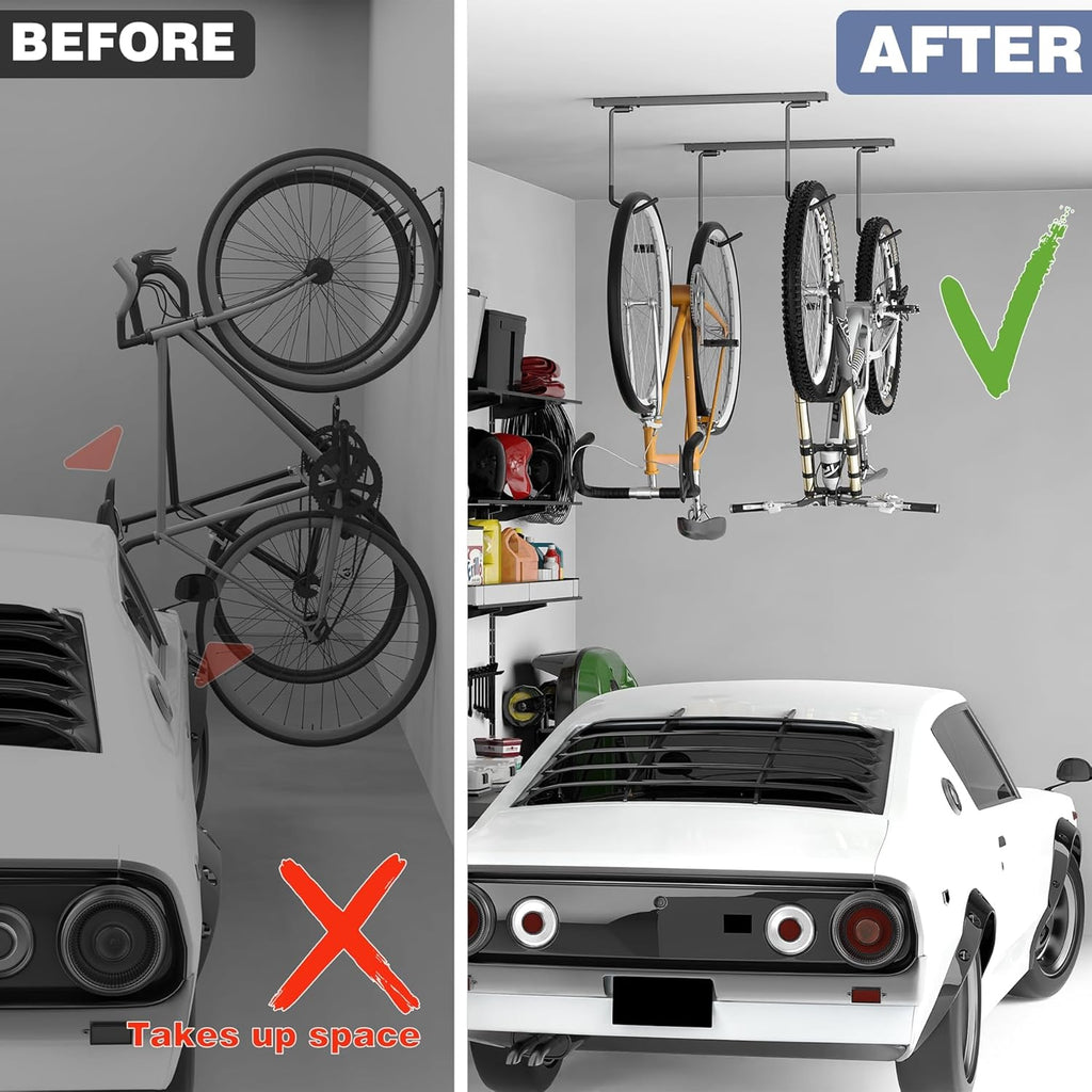 WALMANN Ceiling Mounted Bike Rack - Space-Saving Storage for 2 Horizontal or 4 Vertical Bikes