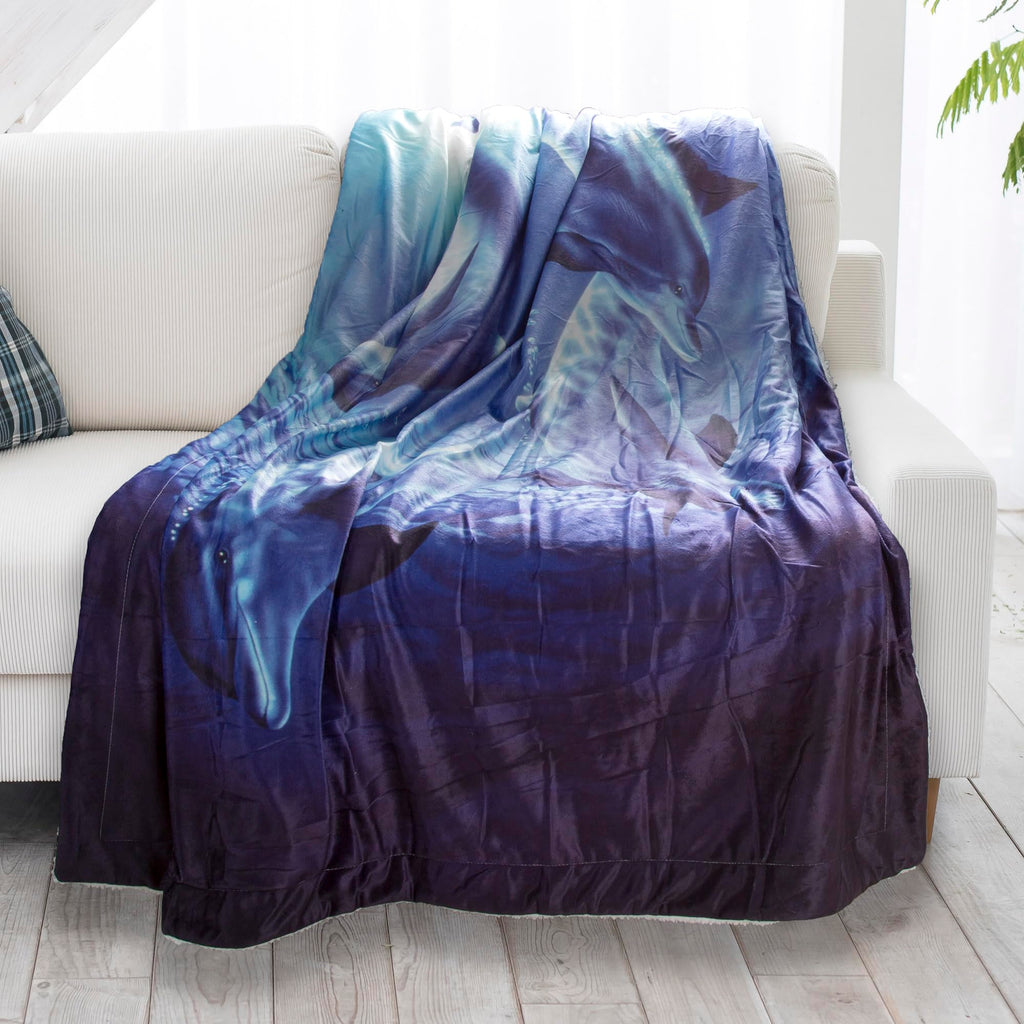 Sherpa Fleece Throw Blanket- Ocean Dolphin Print Pattern, Lightweight Hypoallergenic Bed Couch Soft Plush Blanket for Adults and Kids by Lavish Home