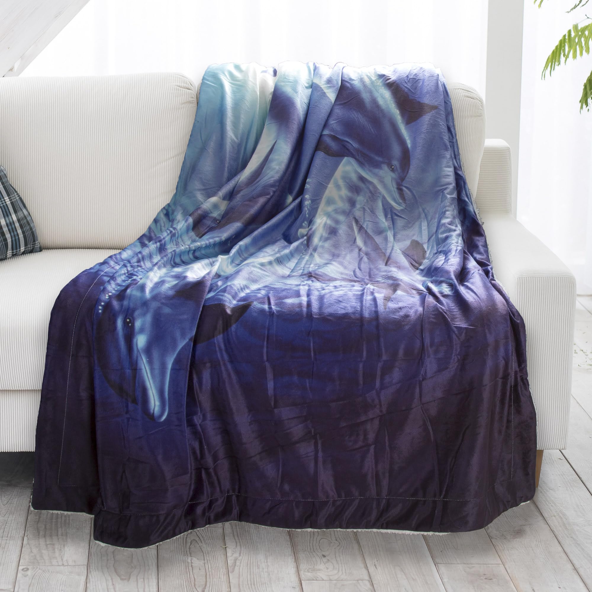 Sherpa Fleece Throw Blanket- Ocean Dolphin Print Pattern, Lightweight Hypoallergenic Bed Couch Soft Plush Blanket for Adults and Kids by Lavish Home