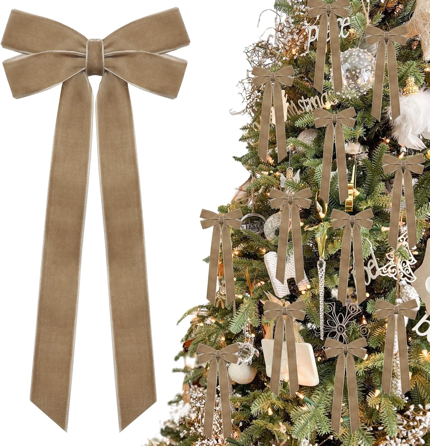 Skiennix Velvet Ribbon Bows - 12Pcs Vintage Christmas Tree Decorations | 5in x 10in Holiday Ornaments