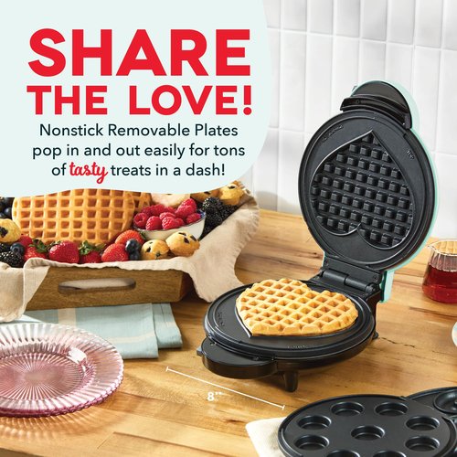 Dash MultiMaker® Treat Maker System - Make Mini Donuts, Cupcakes & Heart-Shaped Waffles - Interchangeable Plate Design - dishwasher safe Parts for Easy Cleanup - Aqua