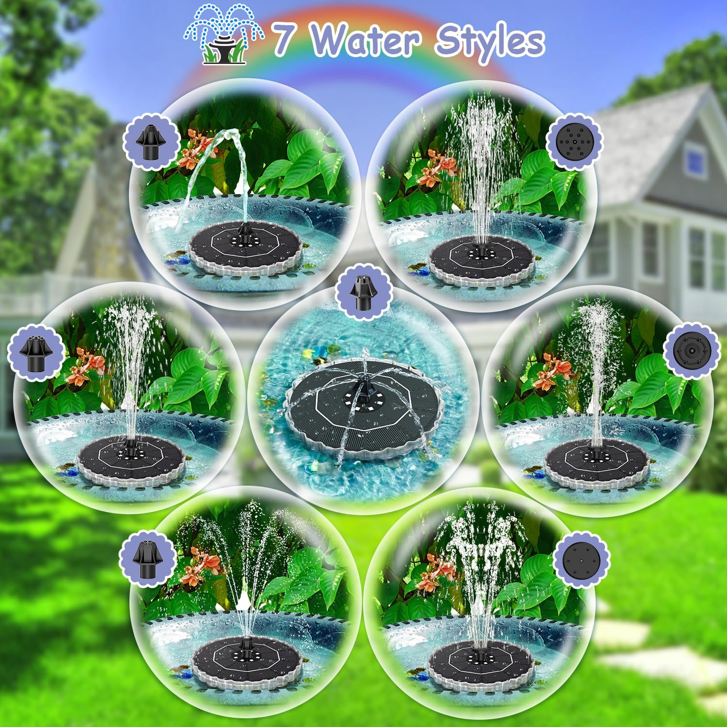 Yzert Solar Fountain - Colorful Ring Lights & 3.5W Pump with 2000mAh Battery for Outdoor Use