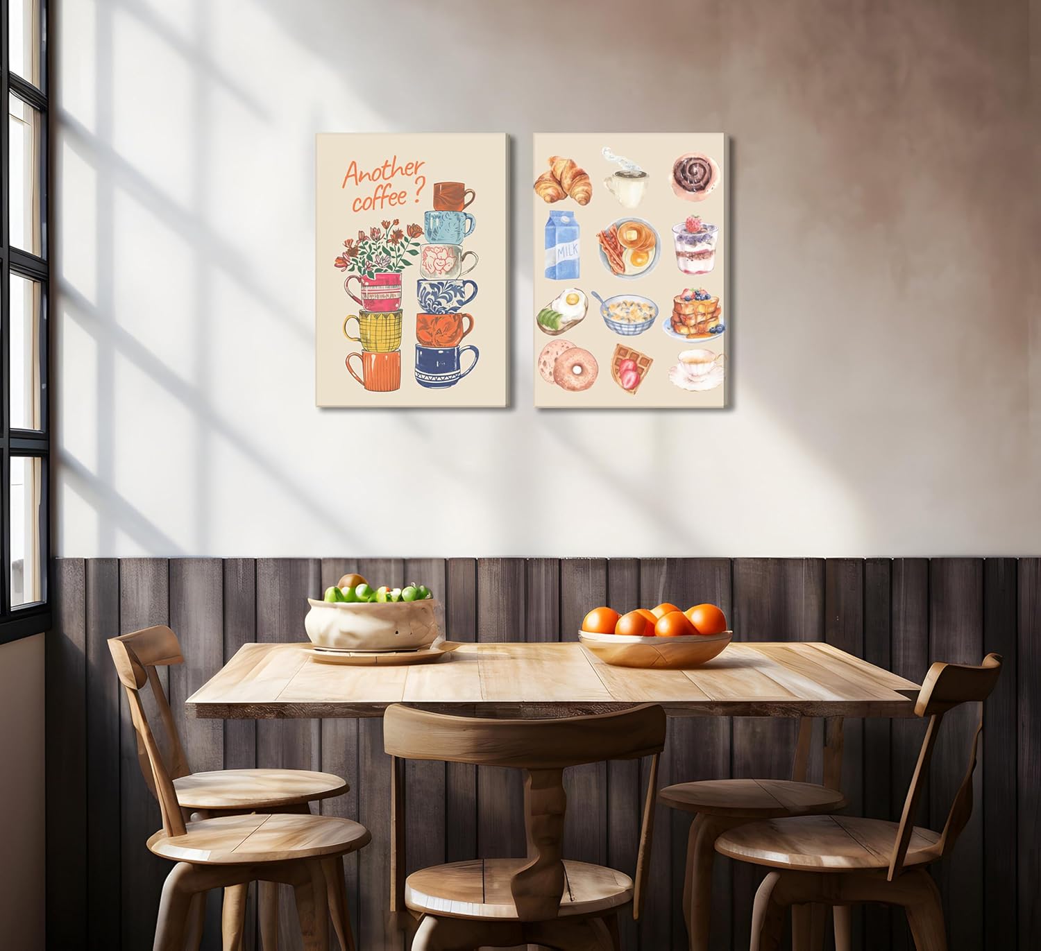 Skiennix Modern Coffee Canvas Wall Art - Colorful Croissant & Flower Poster Print for Dining Room Decor