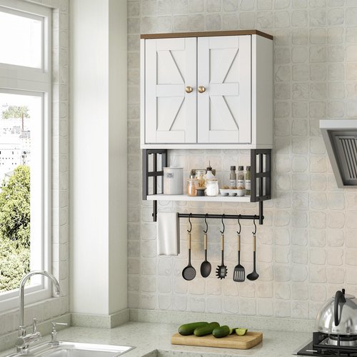 FUNHUKSON Farmhouse Medicine Cabinet - 3-Tier Wall Mounted Storage Organizer with Adjustable Shelves, Towel Bar, 5 Hooksfor Small Bathroom, Laundry Room, Over Toilet, Living Room, Bedroom (White)