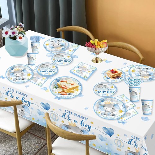 cocomigo 260PCS Elephant Baby Shower Decorations, All-in-1 Party Pack, Includes 20 Elephant Theme Tableware, Backdrop Tablecloth Balloon Kit for Baby Shower Decorations Boy