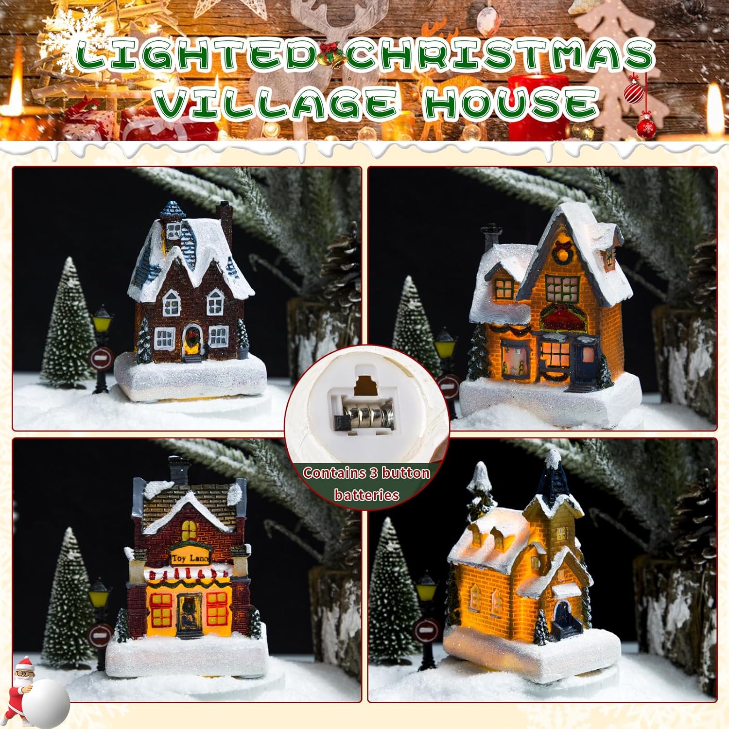 Skiennix 24-Piece Christmas Village Set - LED Light-Up Houses & Figurines for Festive Home Decor