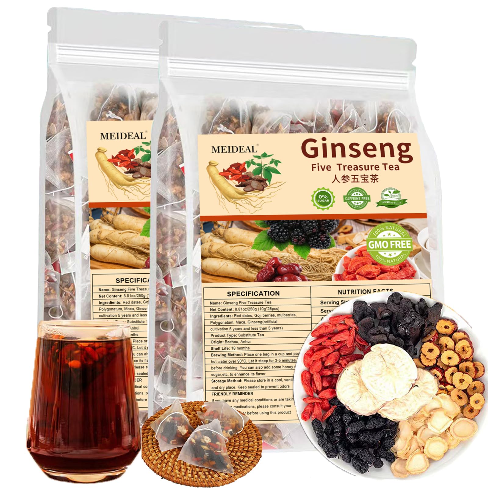 Ginseng Five Treasures Tea, Natural Kidney Cleanse Tea for Women & Men, 6 Precious Ingredients Blend, Organic Ginseng Six Treasures KidneyTea, Chinese Herbal Teabags (50 Pcs 2 Bags)