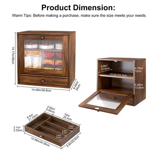 Alpeir Wooden Bread Box for Kitchen Countertop, Large Capacity with Ventilation Holes Adjustable Tiered-Shelf, Vintage Farmhouse Breadbox with Drawer & Window, Longer Freshness, Retro Brown