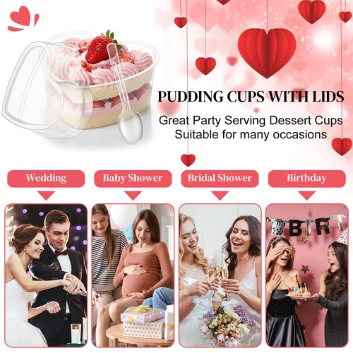Potchen 48 Pack Heart Shaped Dessert Cups with Lids and Spoons 4 oz Mini Plastic Dessert Container Appetizer Parfait Cups Clear Shooter Container for Valentine Wedding Serving Party