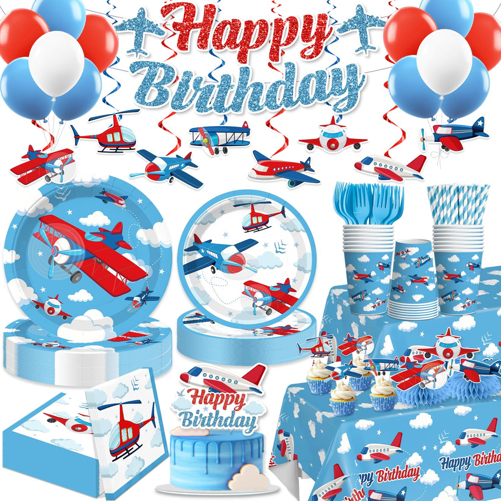 212 Pcs Airplane Birthday Party Decorations, Airplanes Party Banner Balloons Blue Sky and Red Paper Plates Napkins Set with 2 Pcs Airplane Table Cloth Airplane Flight Plane Themed Decorations