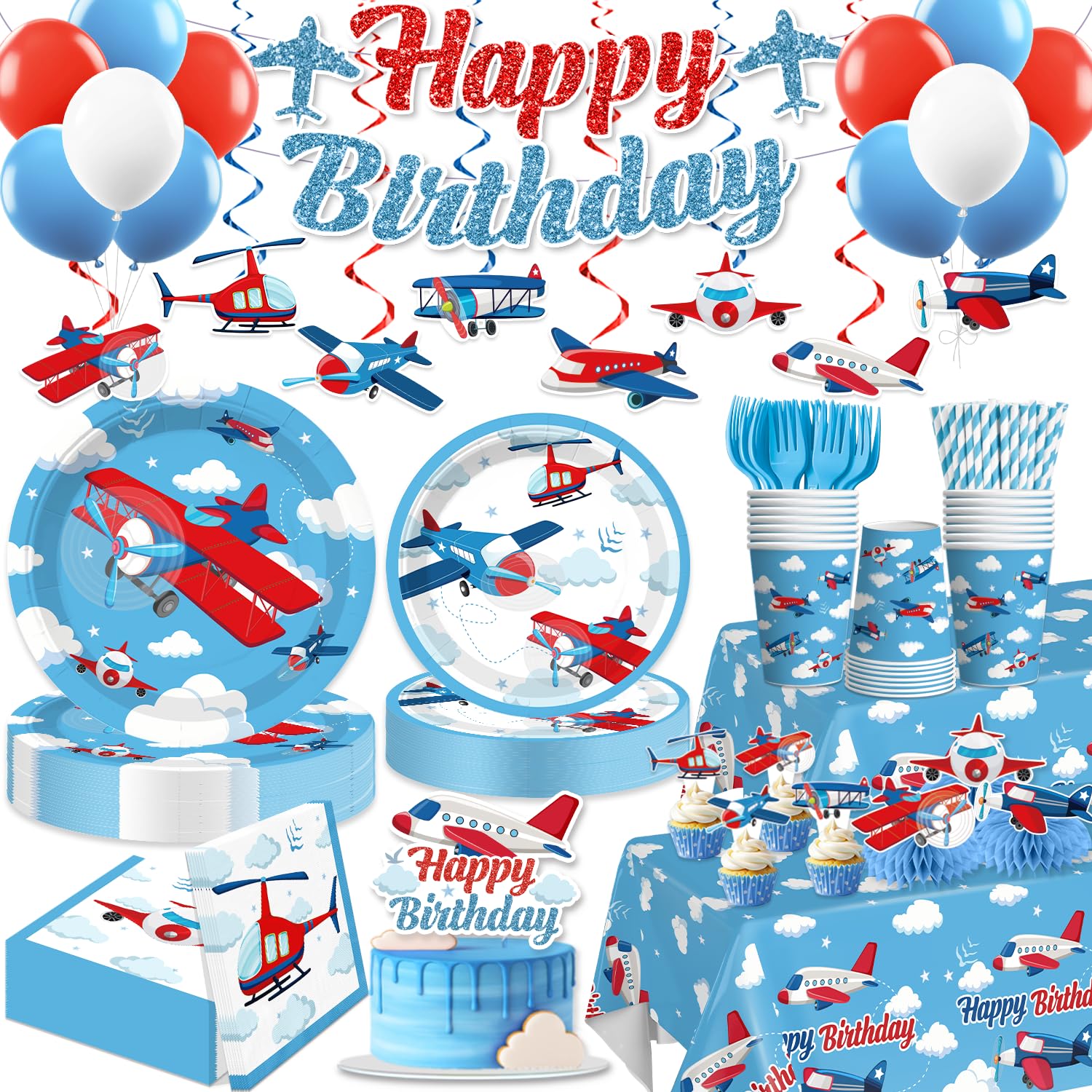 212 Pcs Airplane Birthday Party Decorations, Airplanes Party Banner Balloons Blue Sky and Red Paper Plates Napkins Set with 2 Pcs Airplane Table Cloth Airplane Flight Plane Themed Decorations