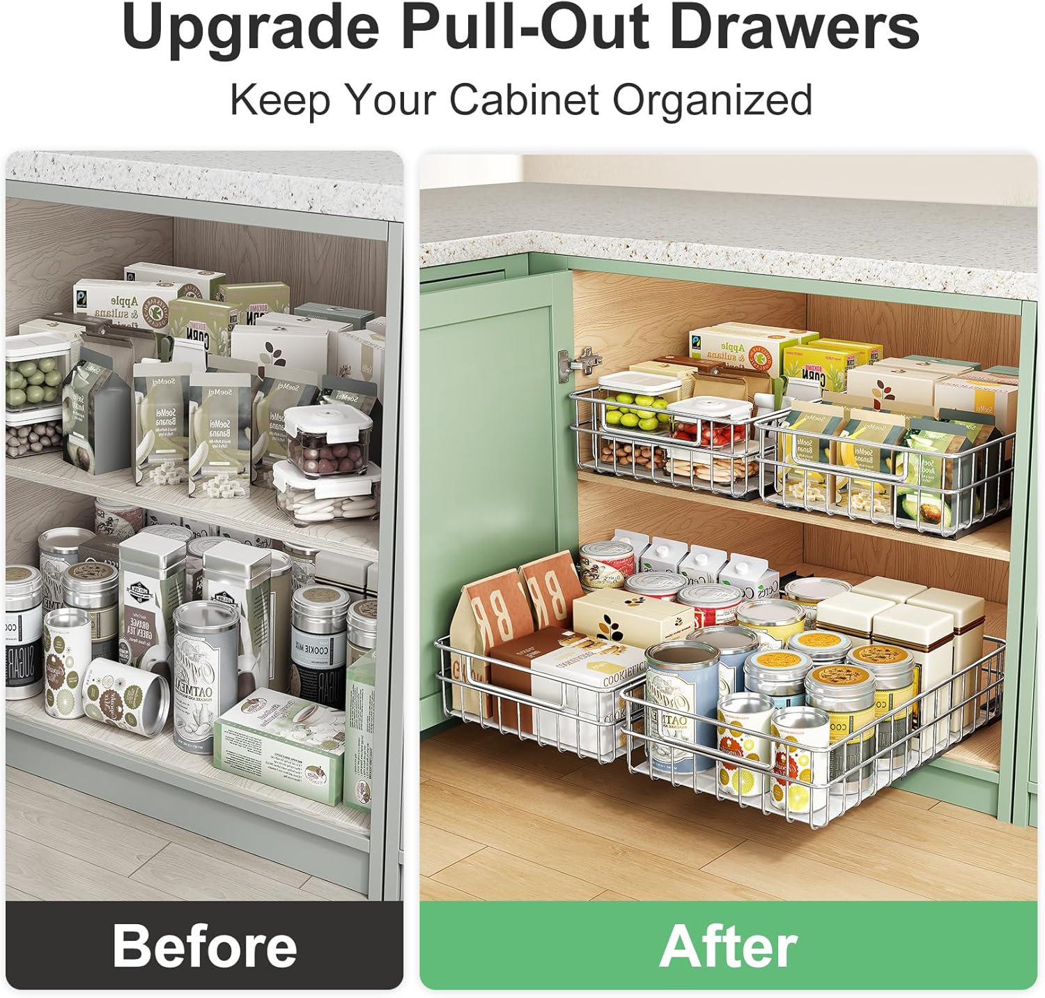 Pull Out Cabinet Organizer by Regine Switzerland - Stainless Steel 2-Pack Drawer with Silent Slides | Ideal for Kitchen, Pantry & Bathroom