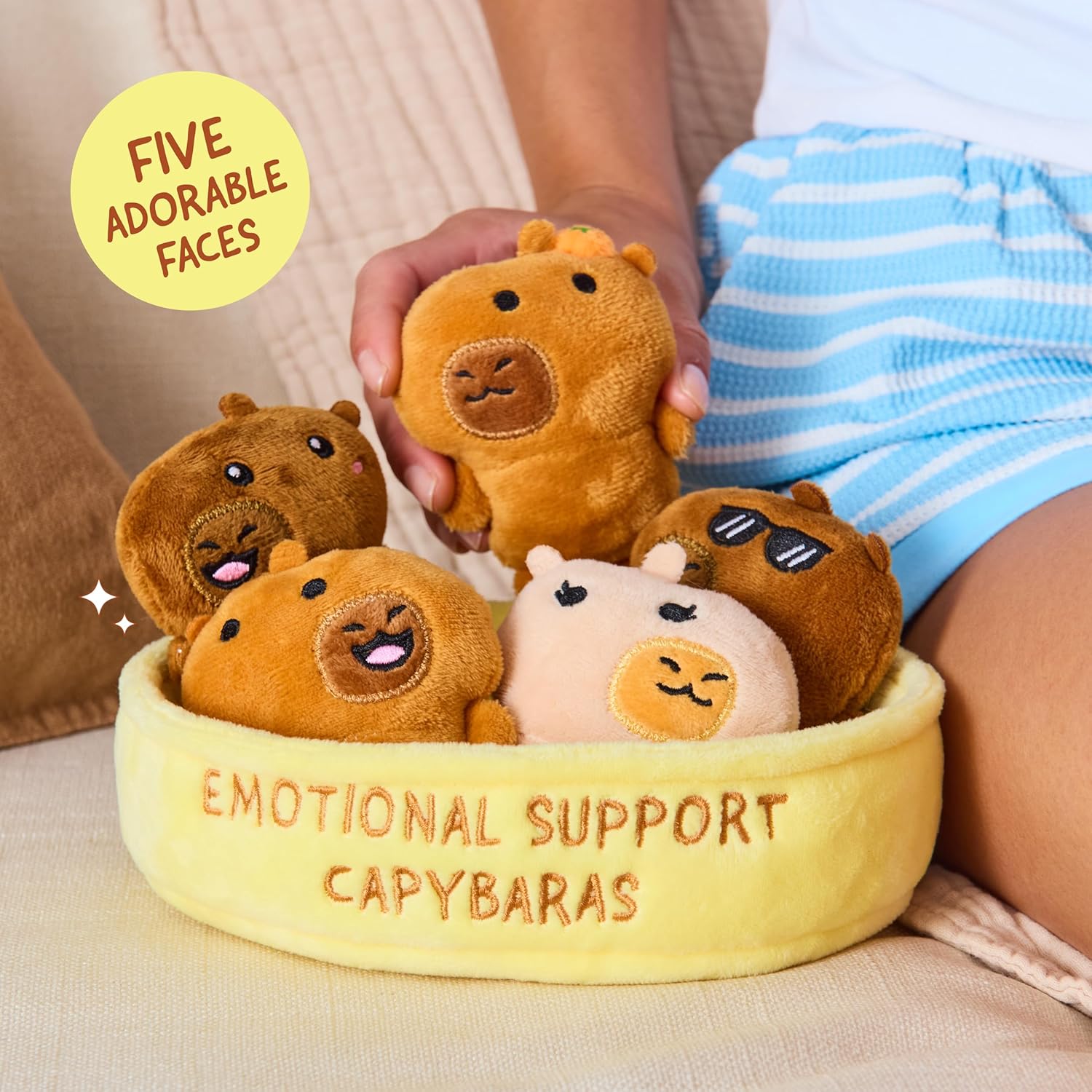 Relatable Emotional Support Capybaras | Cuddly Plush Stuffed Animals Set - 5 Toys with Basket for Mom