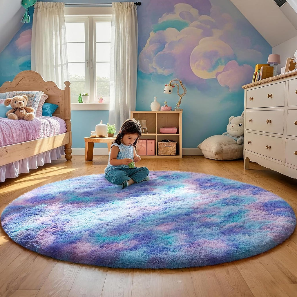 Ophanie Round Area Rug - 5Ft Tie-Dye Rainbow Purple | Fluffy Shaggy Carpet for Kids' Rooms & Nurseries