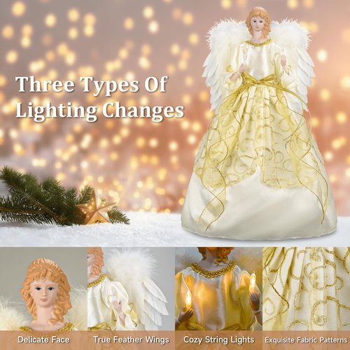 16 Inch Angel Tree Topper, Large Christmas Tree Topper Angel with Lights Decorations Battery-Powered Angel Ornaments for Christmas Tree with Feather Wings Xmas Tree Toppers Indoor Decorations-Gold