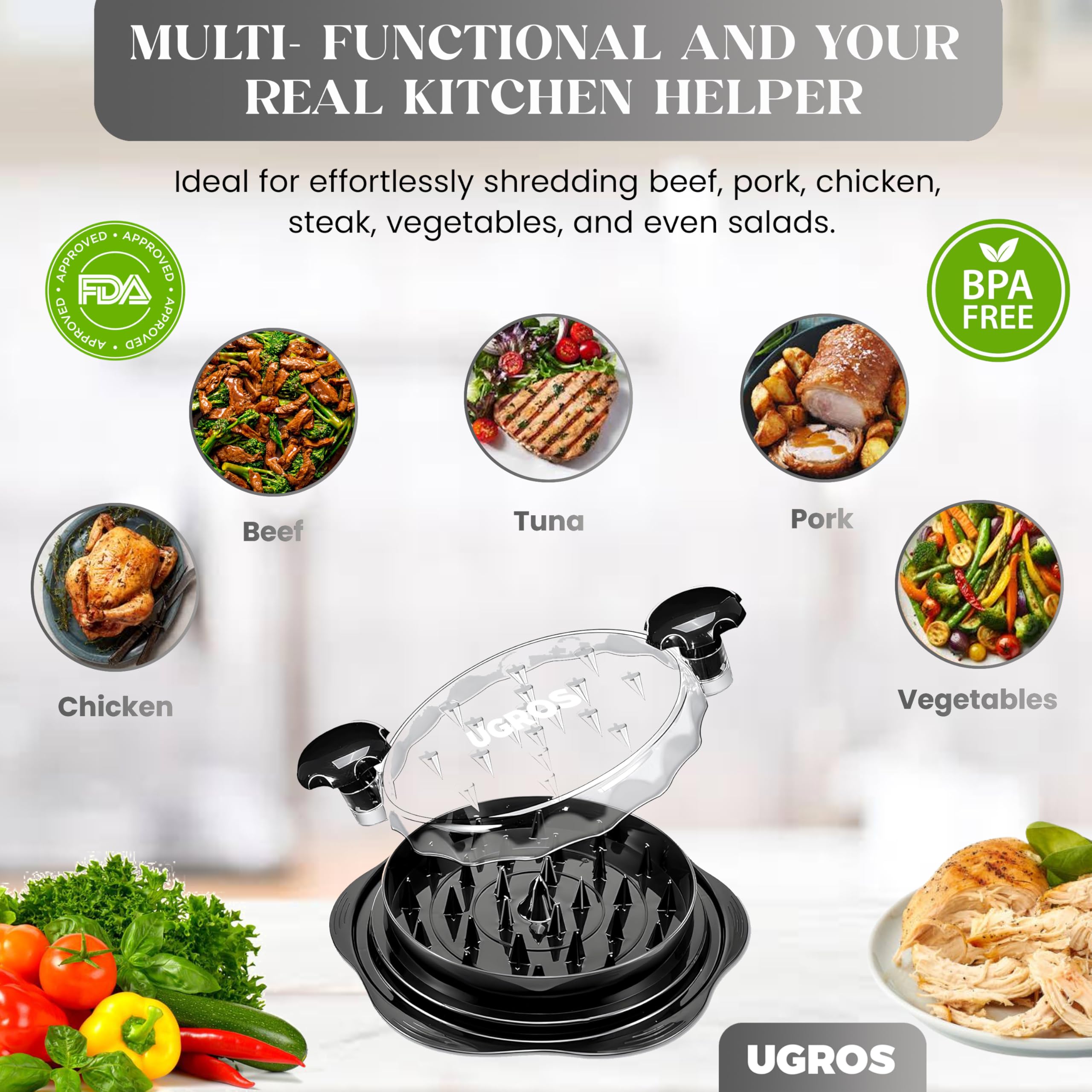 UGROS Chicken Shredder Large Tool Twist with Middle Plate, Food Tongs and Brush, Chicken Breast Shredder with Visible Anti Slip Design and Ergonomic Handles, BPA Free, Suitable for Chicken Pork Beef
