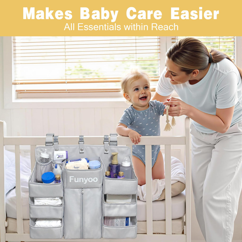 Funyoo Baby Hanging Diaper Organizer for Changing Table and Crib - Holds 70+ Diapers & Essentials, Heavy Duty Stacker Storage for Playard, 22.4" L x 18.1" W x 5.9" H