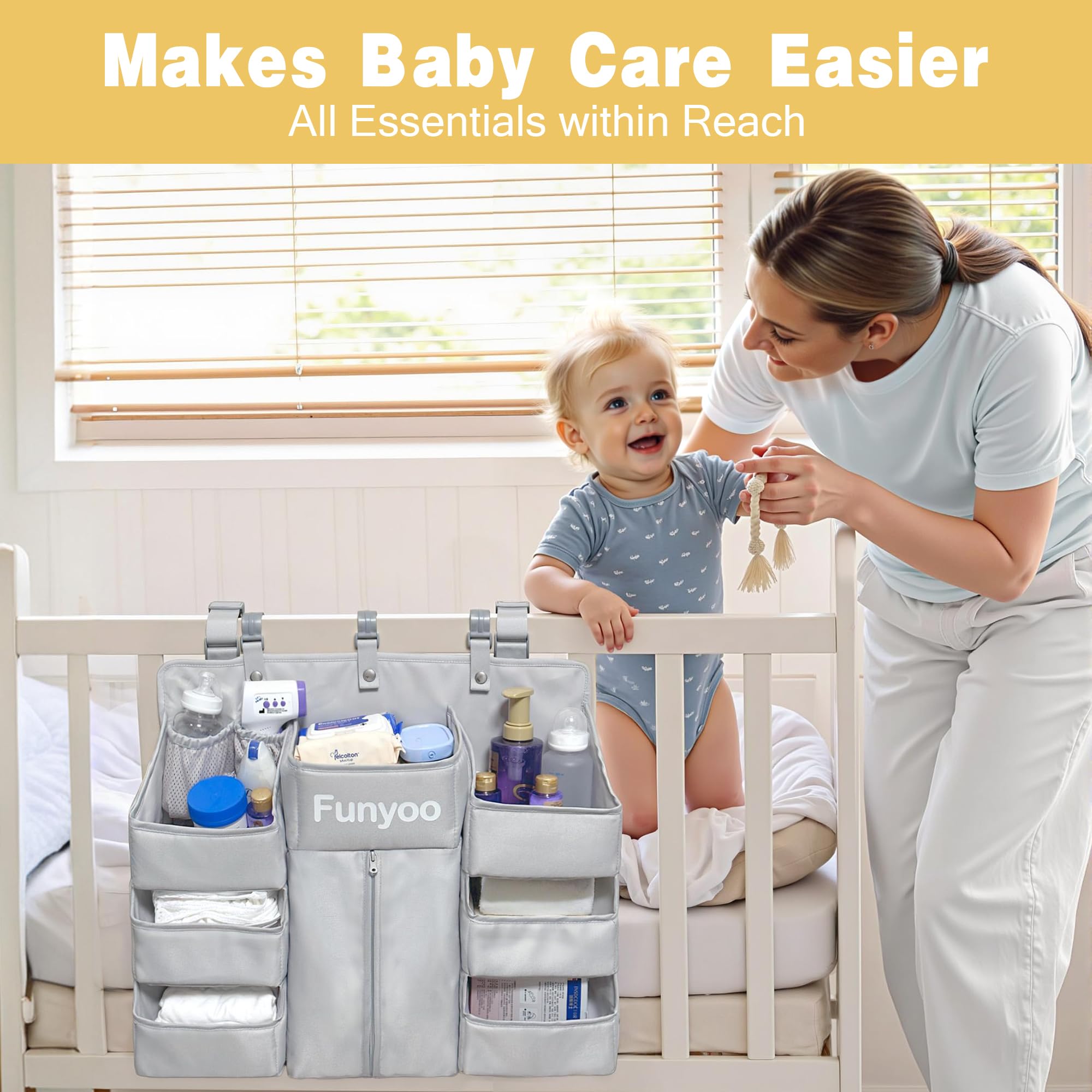 Funyoo Baby Hanging Diaper Organizer for Changing Table and Crib - Holds 70+ Diapers & Essentials, Heavy Duty Stacker Storage for Playard, 22.4" L x 18.1" W x 5.9" H