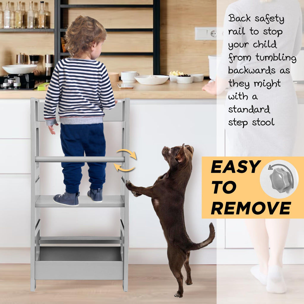 FOSSICS Stool Buddy Child Step Stool Tower for Kids | Toddler Wood Stepping Stool with Safety Rail | 3 Adjustable Heights | for Kids use in Kitchen or Bathroom [Grey]
