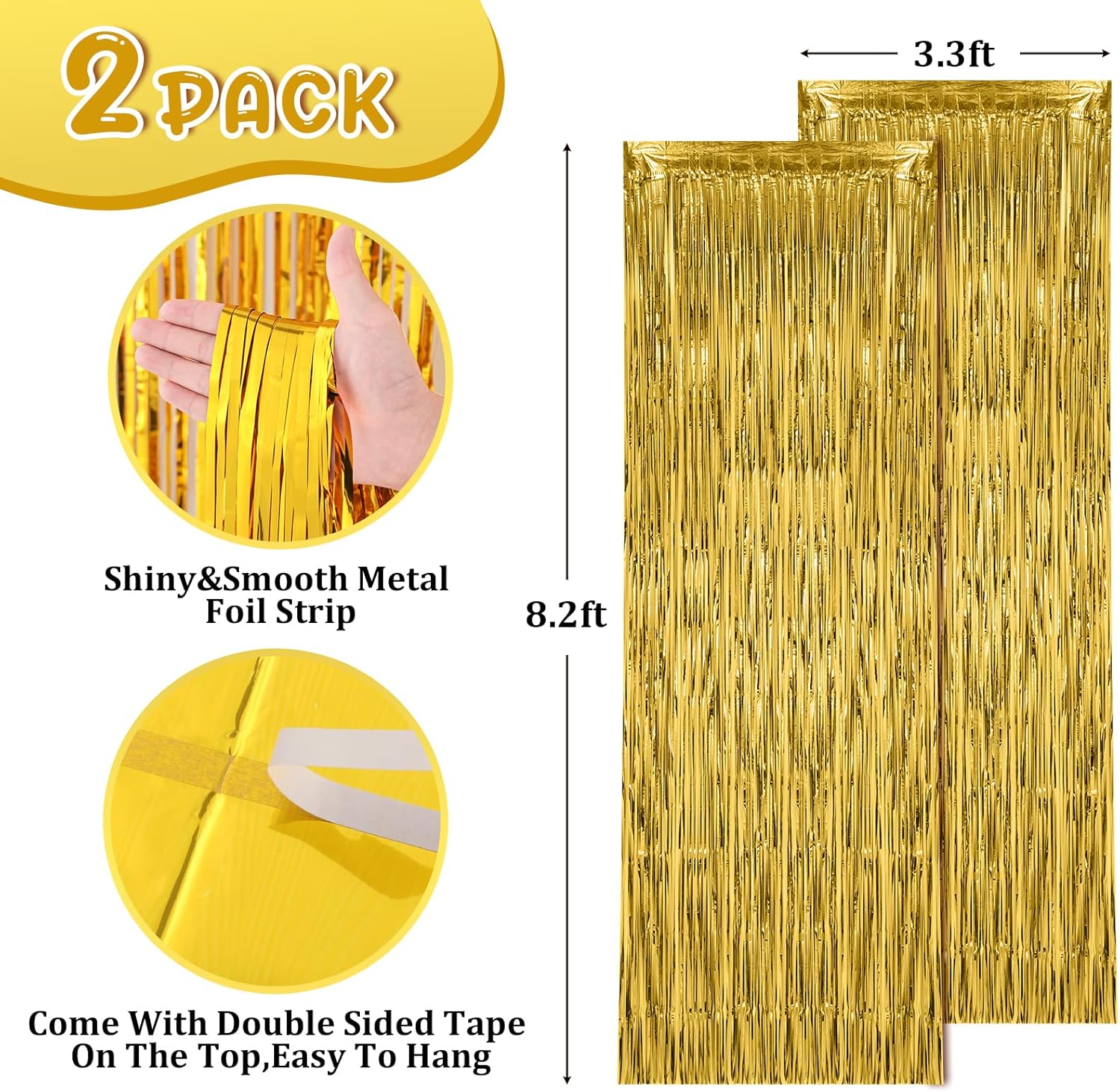 Voircoloria Gold Foil Fringe Backdrop Curtains - 2 Pack Tinsel Streamers for Parties & Celebrations