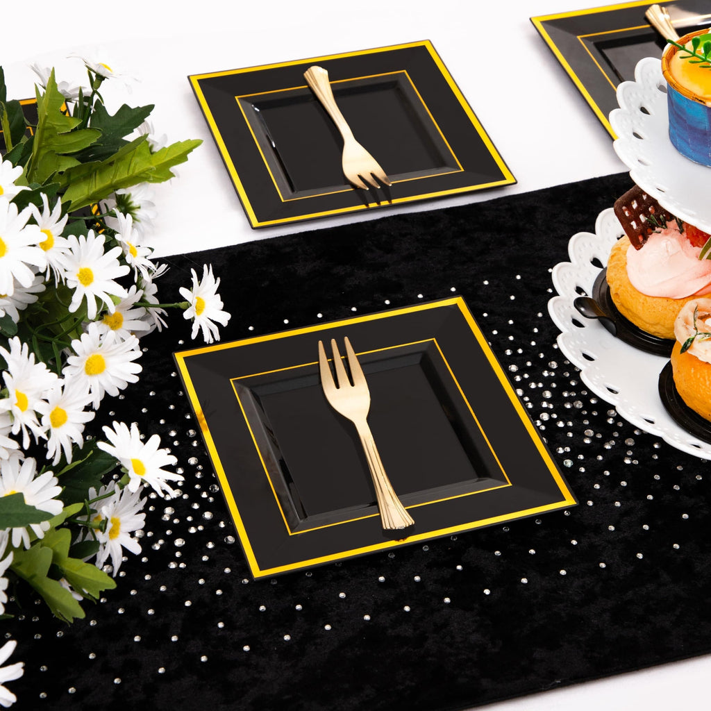 WDF 200PCS Black and Gold Plastic Dessert Plates with Plastic Forks -6’’ 100 Square Disposable Appetizer Plates Small Plate Cake Plate with Gold Rim for Wedding/Party/Birthday/Graduation