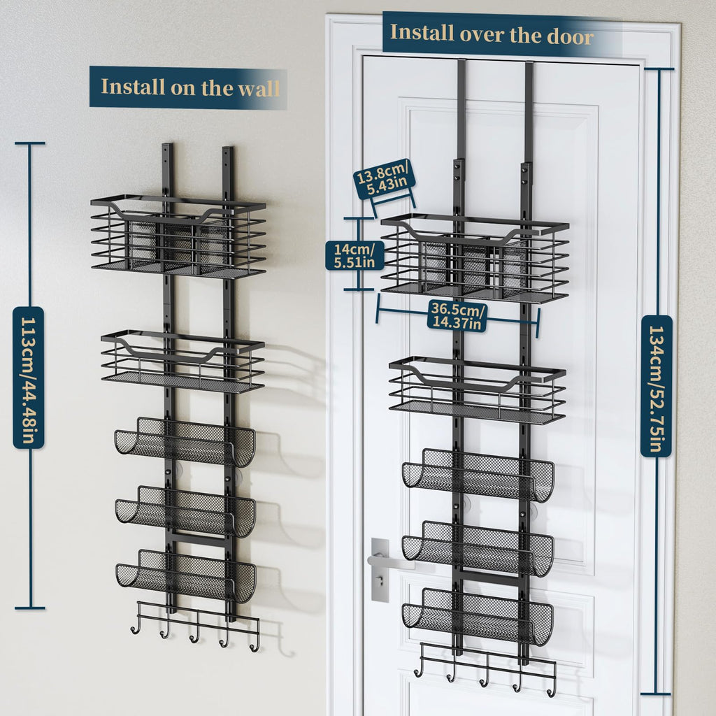 Consumest 6-Tier Hair Tool Organizer - Hair Dryer Holder Over The Door/Wall Mounted DIY Adjustable Shelf Bathroom Door Organizer with Hook for Curling Iron/Blow Dryer/Straightener Black