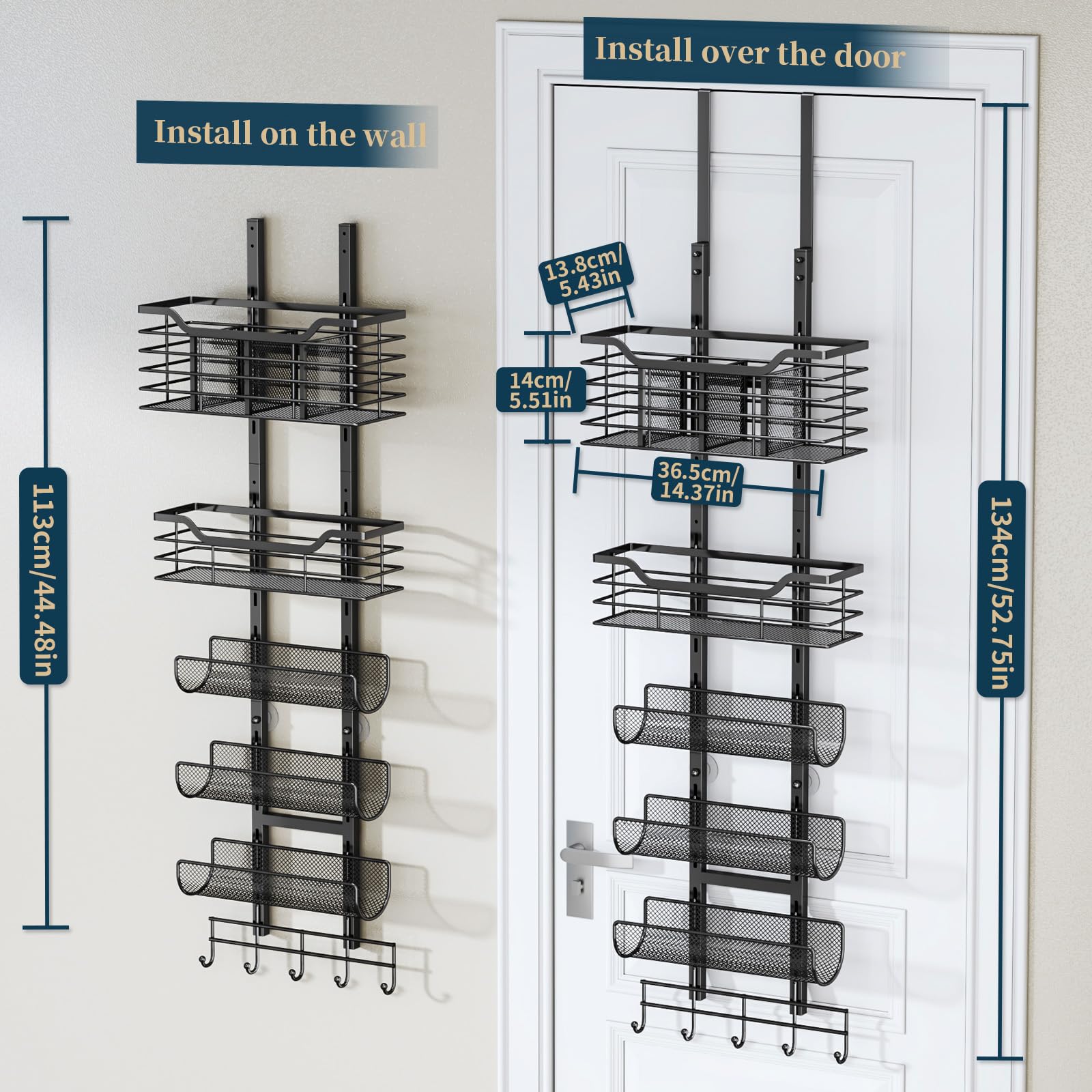 Consumest 6-Tier Hair Tool Organizer - Hair Dryer Holder Over The Door/Wall Mounted DIY Adjustable Shelf Bathroom Door Organizer with Hook for Curling Iron/Blow Dryer/Straightener Black