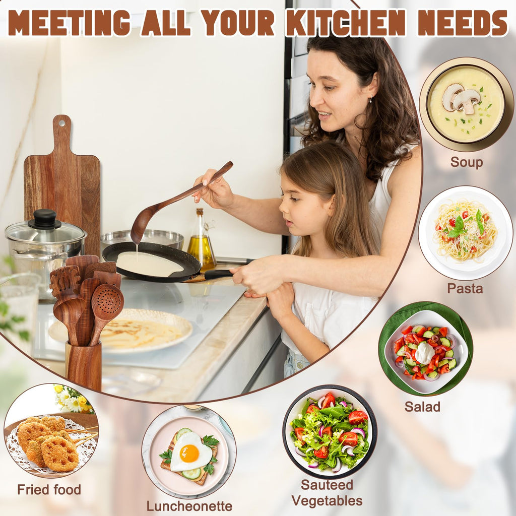 Briwooody 18 Pc Wooden Kitchen Utensils Set with Holder, Cutting Board, Spatulas, Spoons, Tong, Whisk & Accessories