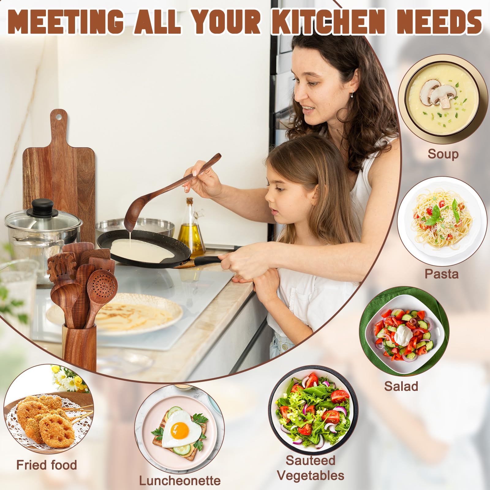 Briwooody 18 Pc Wooden Kitchen Utensils Set with Holder, Cutting Board, Spatulas, Spoons, Tong, Whisk & Accessories