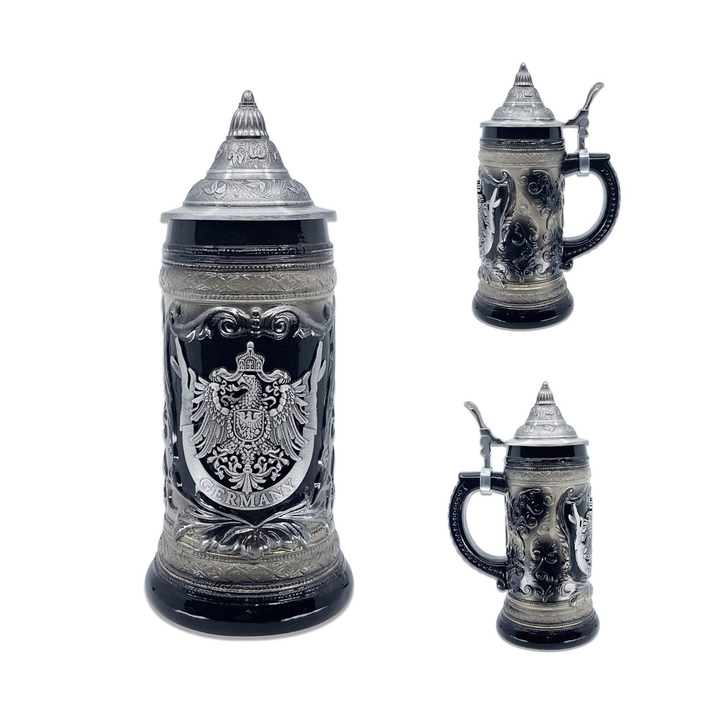 OktoberfestHaus German Adler (Eagle) Stein Mug With Lid - 1 Liter Charcoal Black Ceramic Beer Stein With Metal Emblem - Collectible Bier Krug for Men, Beer Lovers Gift