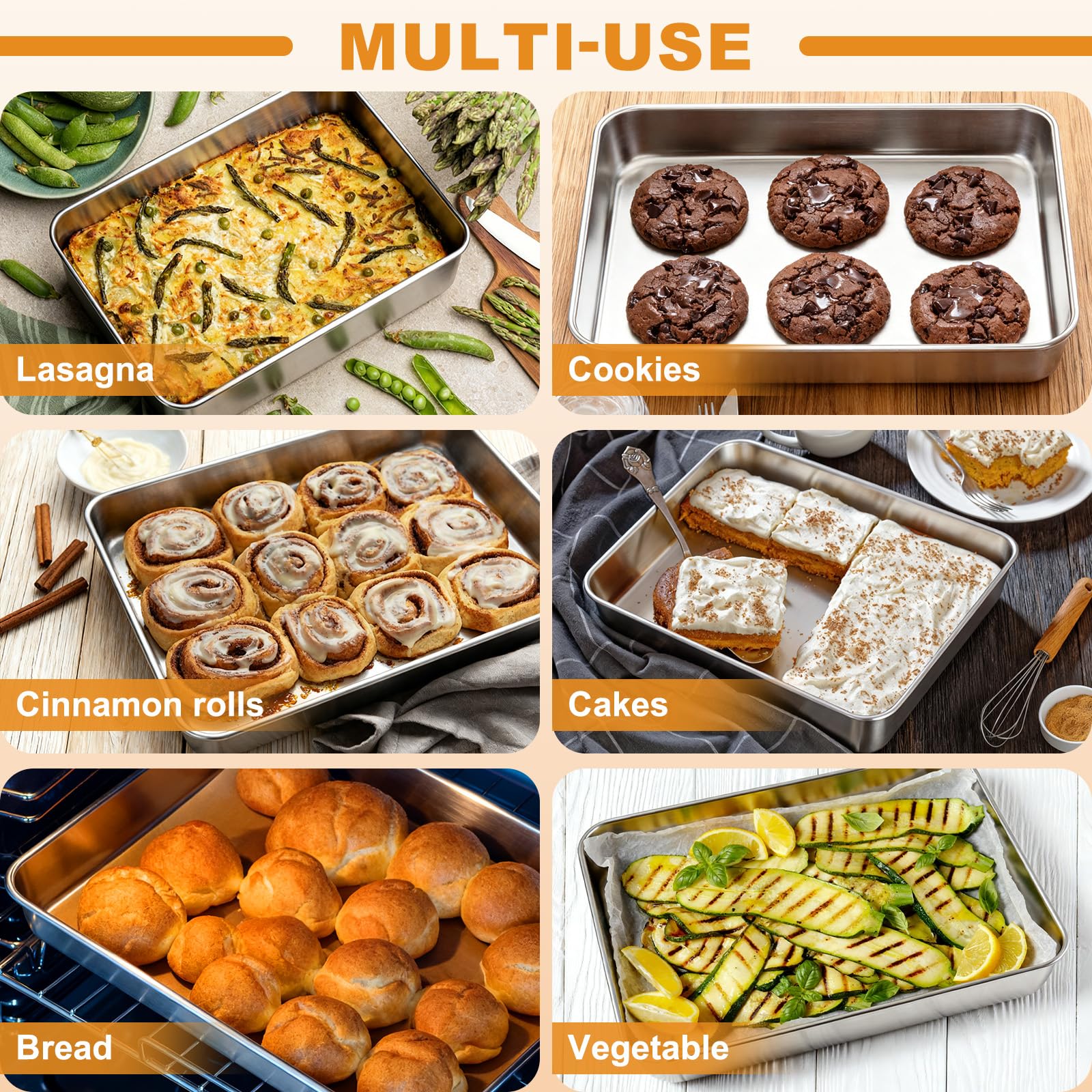 Blingco Stainless Steel Baking Pan with Lid, 12⅓ x 9¾ x 2 Inch Deep Rectangle Cake Pans with Cover for Cakes, Brownies, Cookies, Deep Side & Heavy Duty,Dishwasher & fridge & Oven Safe(2 Pans + 2 Lids)