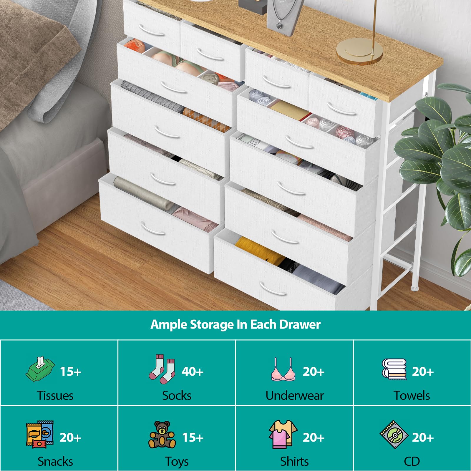 VASICAR Compact 12 Drawers Dresser for Bedroom, Fabric Storage Tower, Chest of Drawers with Retro Wood Top for Closet, Nursery, Living Room