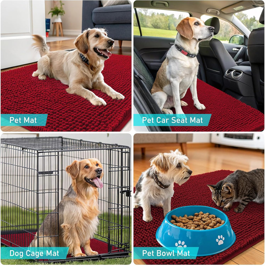 OLANLY Dog Door Mat - Absorbent Non-Slip Chenille Mat for Muddy Paws | 47x20 Inches, Quick Dry Red
