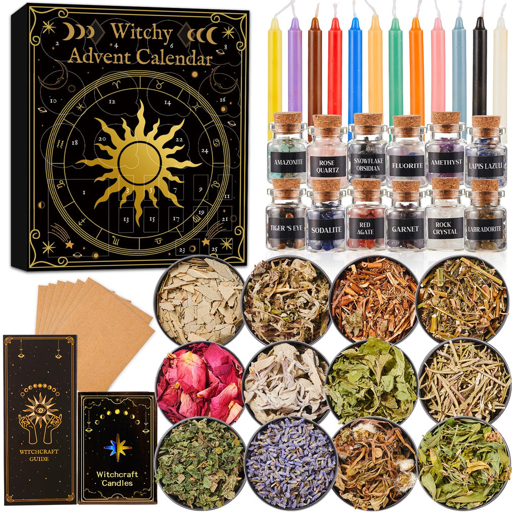 Witchy Advent Calendar 2025 for Adult Teens, 25 Day Christmas Countdown Calendar with Healing Crystal Natural Gemstone and Witchcraft Accessories for Women