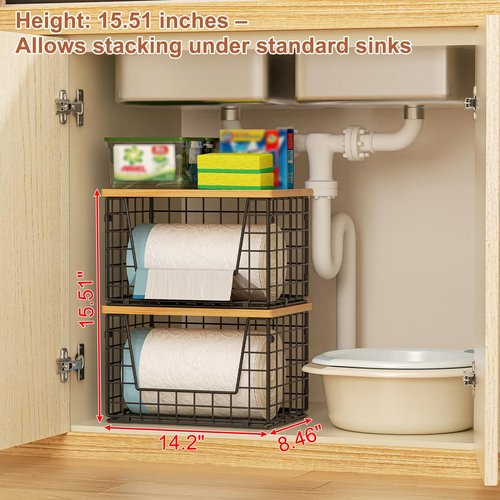 keomaisyto Stackable Wire Baskets, 2-Pack - Kitchen & Pantry Organizers for Potato, Onion Storage, Heavy-Duty Metal Storage Bins for Fruit, Vegetable, Snack, Can
