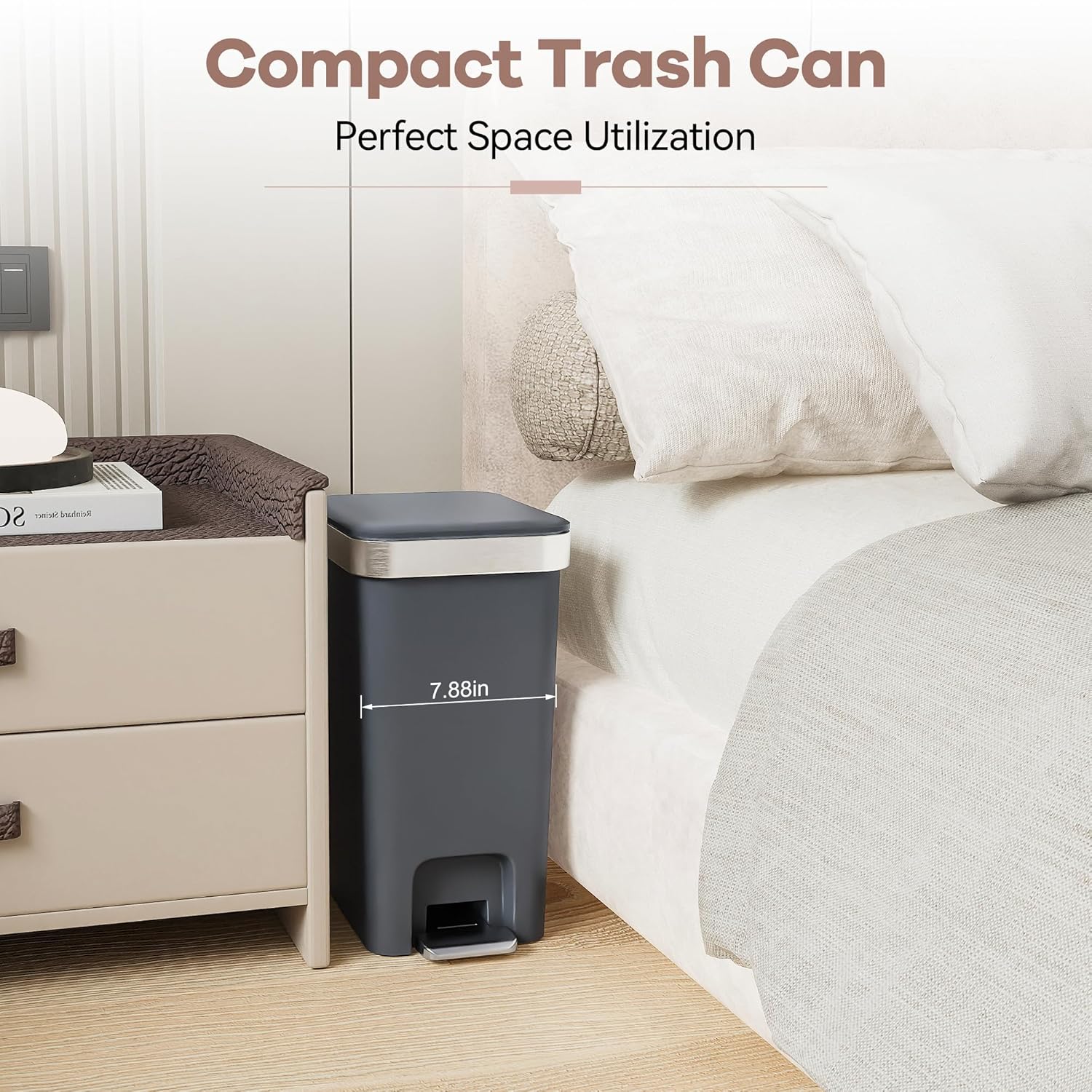 Regine Switzerland Slim Bathroom Trash Can - Soft Close Lid, 10L/2.6 Gallon, Modern Dark Gray Waste Basket