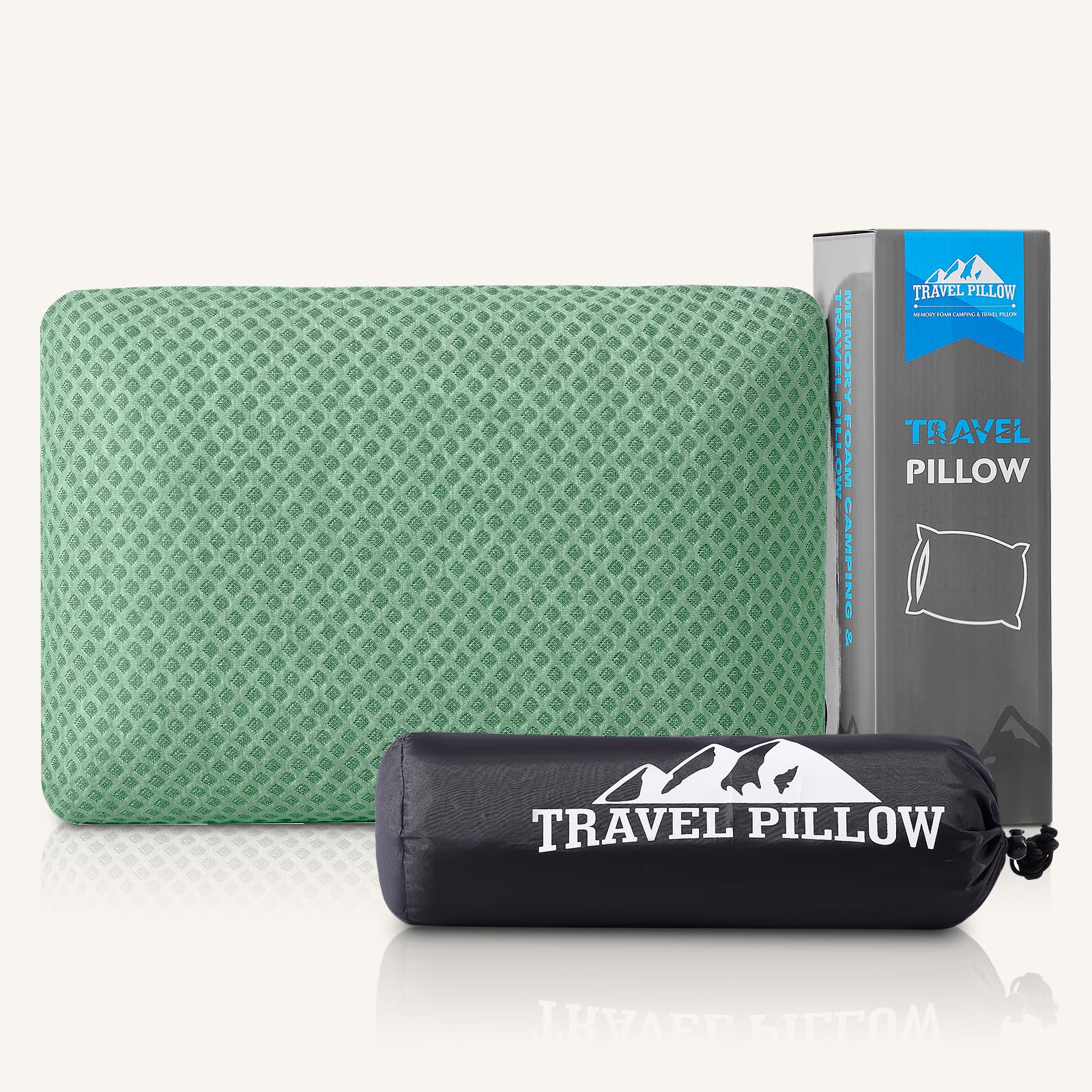 PEUJEW Travel Pillow Memory Foam Pillows, Camping Pillow- Compressible Medium Firm, Breathable Cover, Ideal Backpacking Hiking, Bed Pillows, Airplane and Car (Green, S)