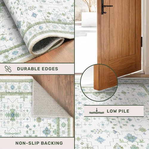 Hazo Haus Oushak Area Rug - Vintage Boho Floral Design, Washable 5x7 Blue & Green Non-Slip Rug
