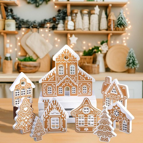 Faccito 9-Piece Wooden Gingerbread House Decor Set - Festive Christmas Village Centerpiece for Indoor Holiday Decorations