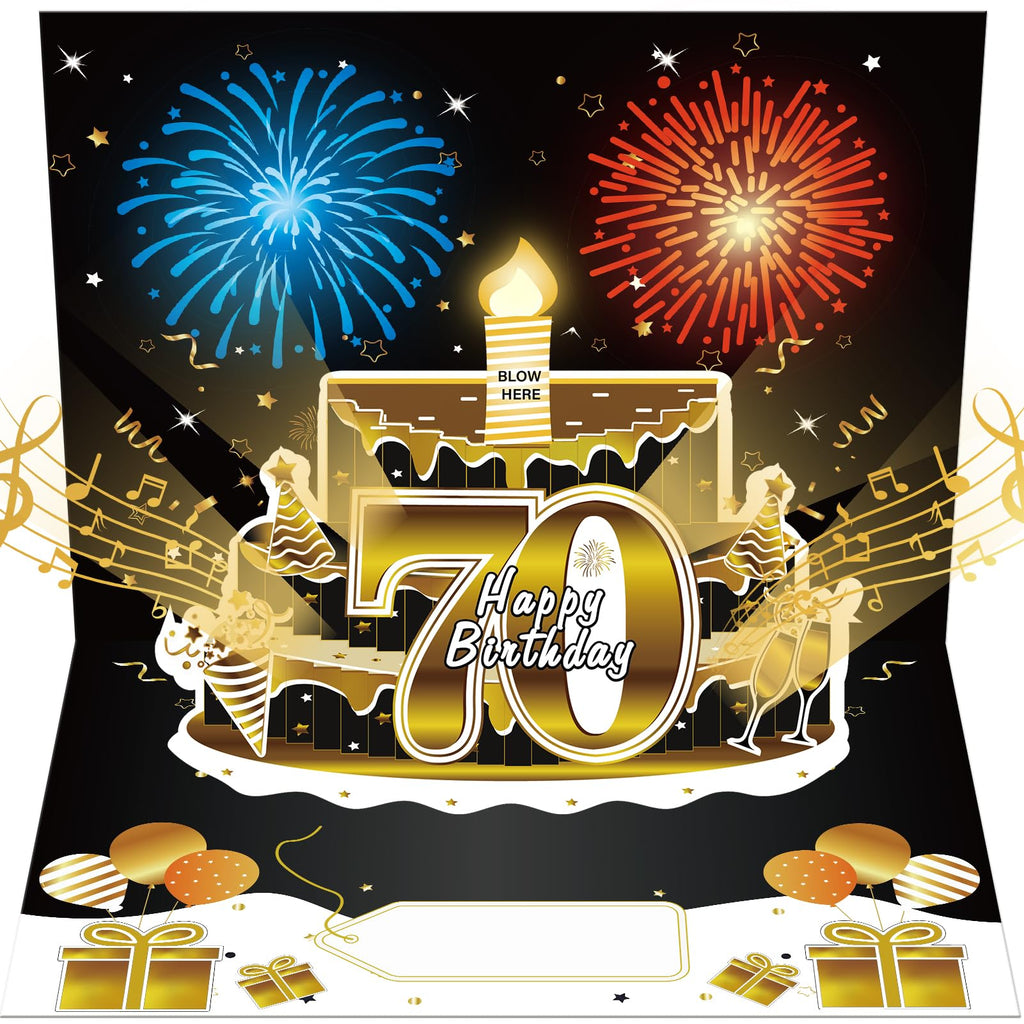 Turypaty 70th Birthday Cards Pop Up 3D Cake - Firework & Music & Blow Out Candle Light Funny Happy 70 Black Gold Birthday Card Gifts for Men, Women, Friends, Boyfriend, Dad, Mom, Husband, Wife